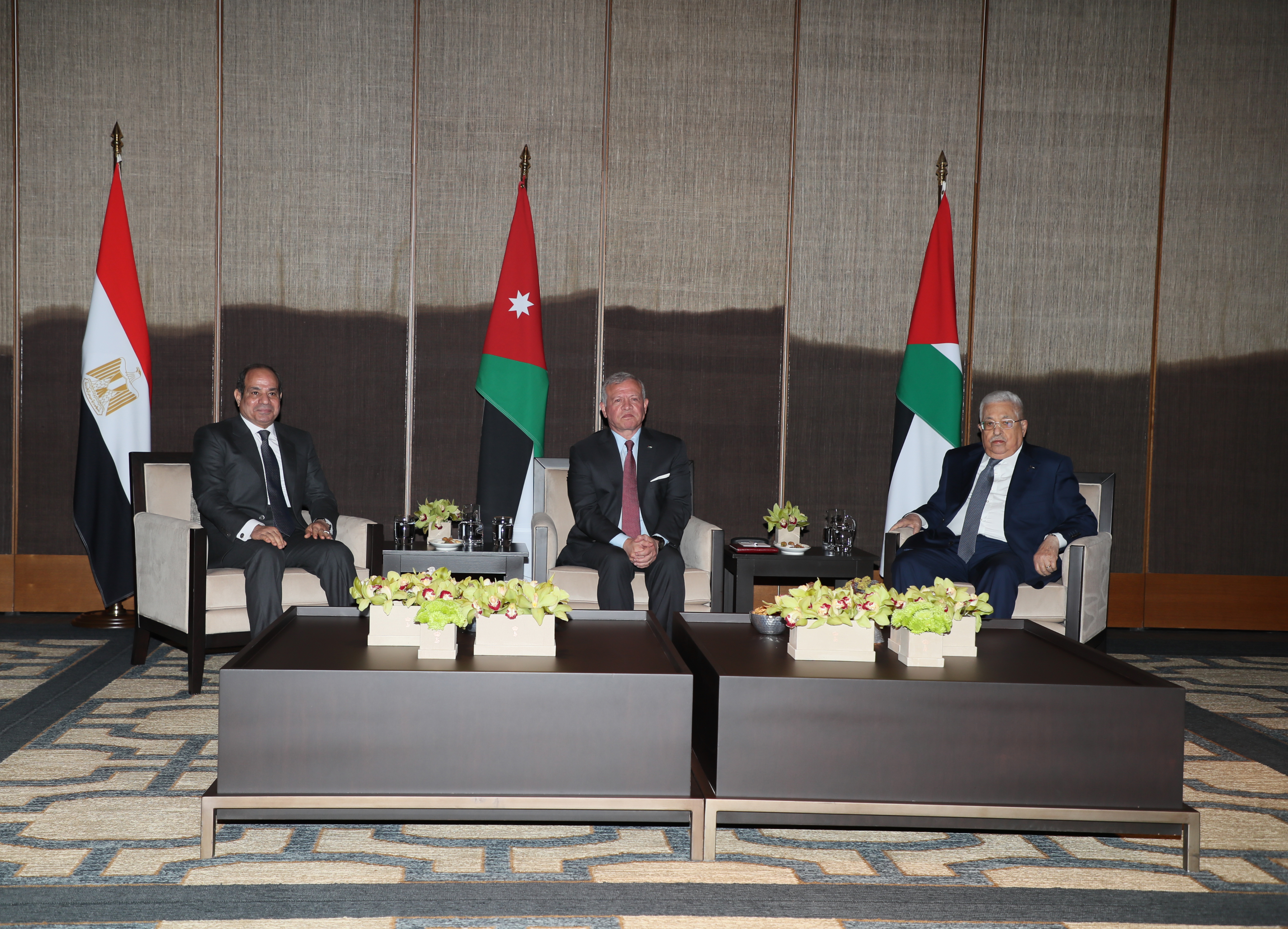 الملك والرئيسان المصري والفلسطيني يؤكدون ضرورة الاستمرار بالضغط لوقف العدوان الإسرائيلي على غزة وحماية المدنيين 